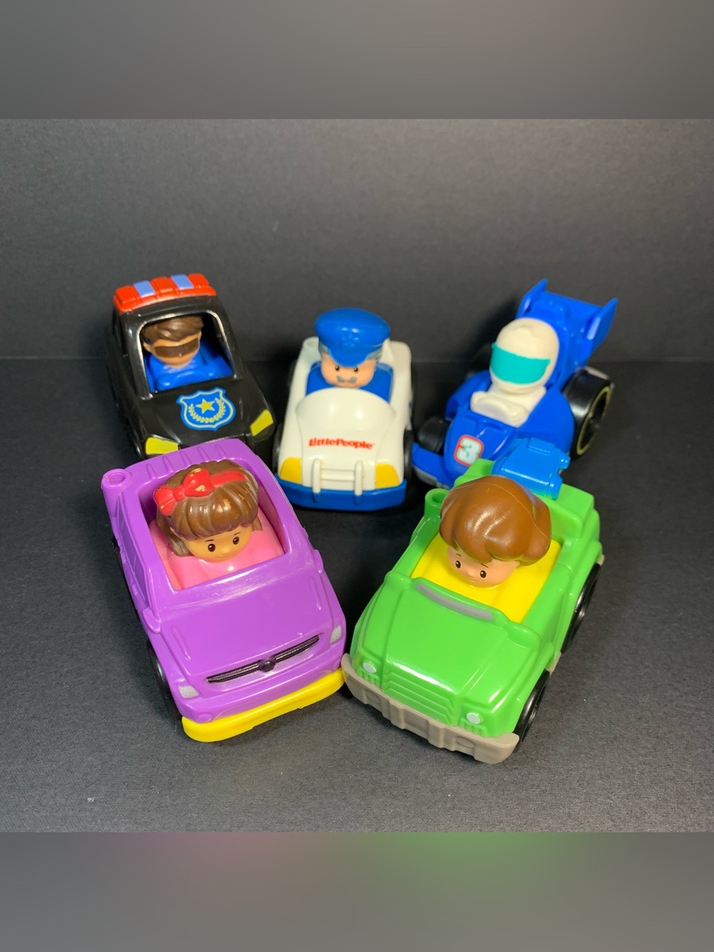 Fisher Price Little People Wheelies Race Car Police Girls Boys Lot of 5 Cars
